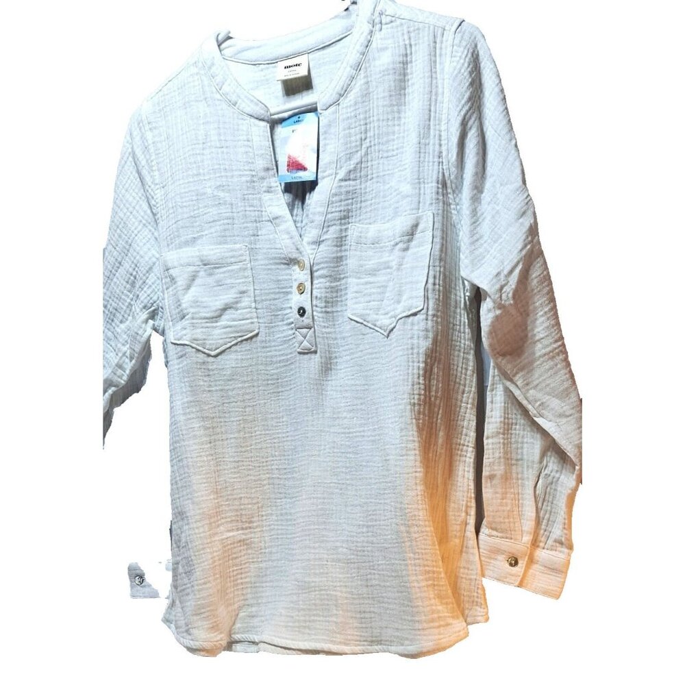 MOTE Slupped cotton v neck long sleeve blouse mother of pearl size LARGE Gauze